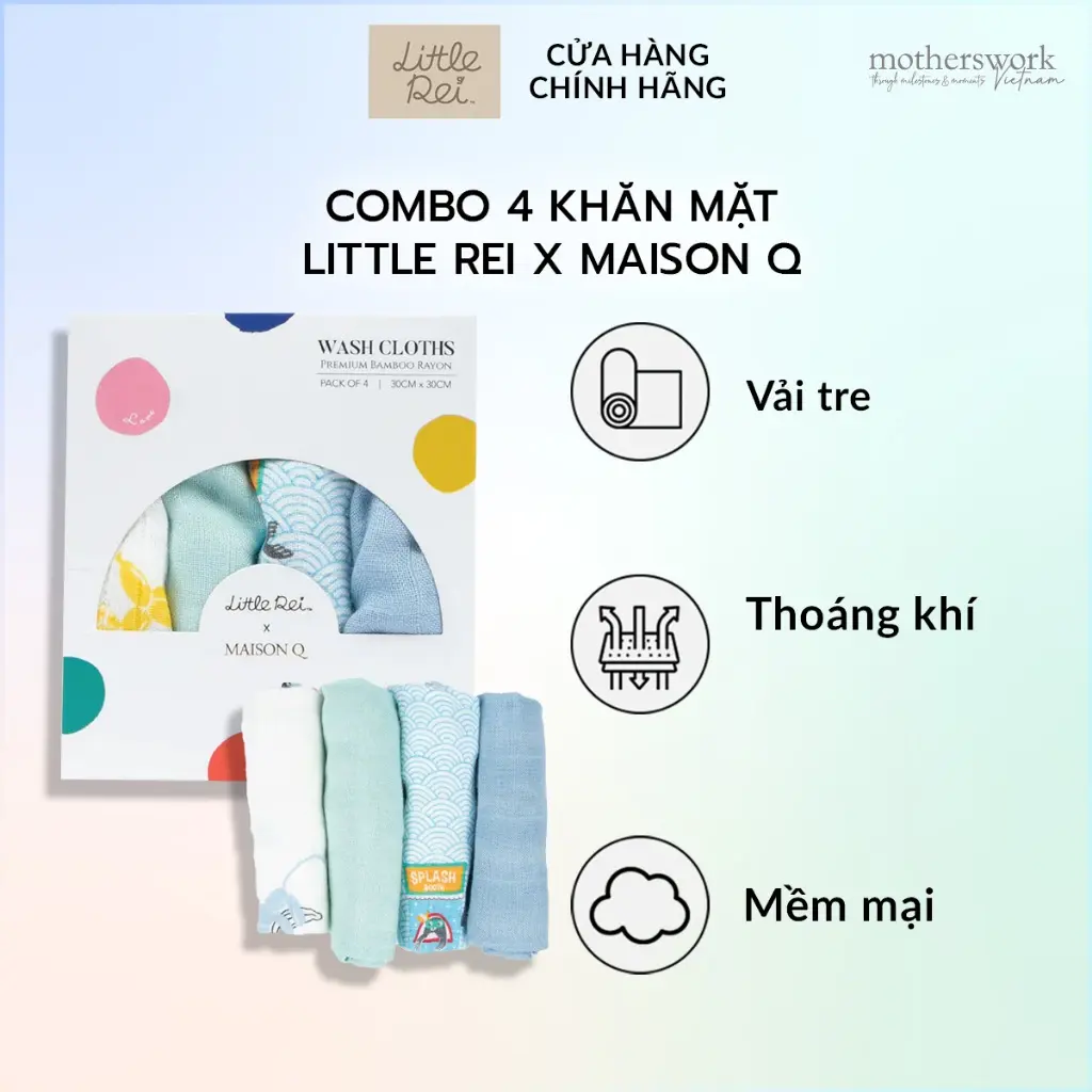 Combo 4 khăn mặt cao cấp cho bé 30x30CM, khăn sữa làm từ 100% sợi tre tự nhiên, khăn thấm hút và mềm mại với làn da em bé - LITTLE REI X MAISON Q WASH CLOTH 4PC [nhiều màu]