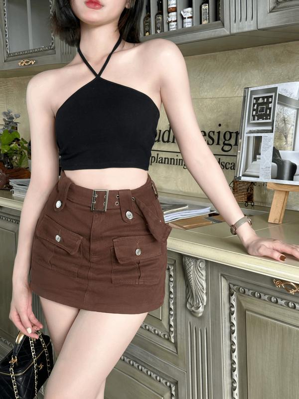  Chân váy túi hộp chân váy chữ a ngắn kaki jean thắt lưng bản to và khuy cách điệu BORAM SG  có quần trong  Nữ Women 