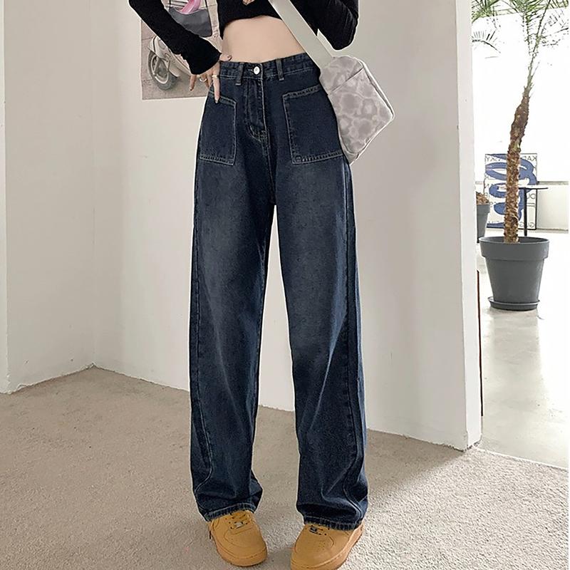 Quần Jean Suông Ống Rộng Màu Xanh Đậm Xám Khói Túi Đắp Thời Trang Dành Cho BigSize Denim Hot Hit 0132 Dài 103cm Không Co Dãn Quần Jean Ống Rộng Wash Màu Quần Bò Nữ Ống Rộng Dáng Xuông Nữ Pants Baggy Women Ong