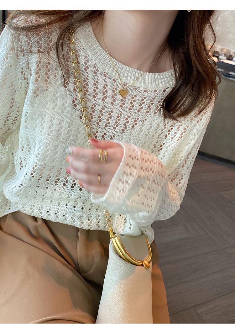 Product Introduction of 🔥Top fashion hollow out knits trendy women new loose slimming outside wear thin ruffles long sleeve shirt trendy top for women Womenswear Knitwear 3