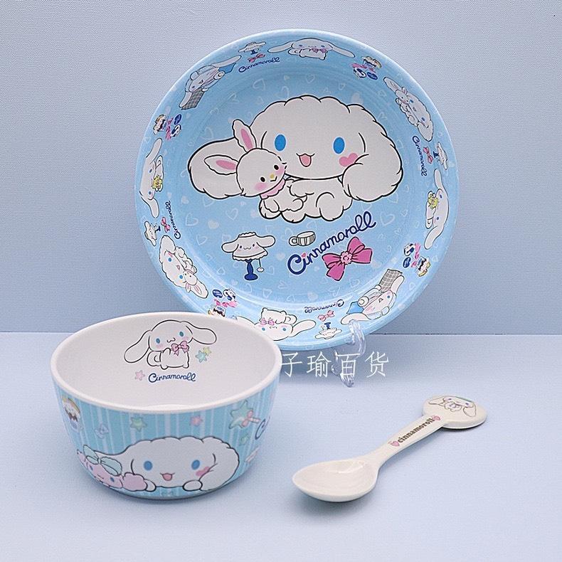 Bộ bát hoạt hình Cinnamoroll cho bé, 5 chi tiết: đĩa, bát, đũa, thìa, cốc - Chất liệu A5 Melamine - Kích thước bát 12,5x6,5cm Voi trộn thau gỗ tô  nhựa bộ  bát 6