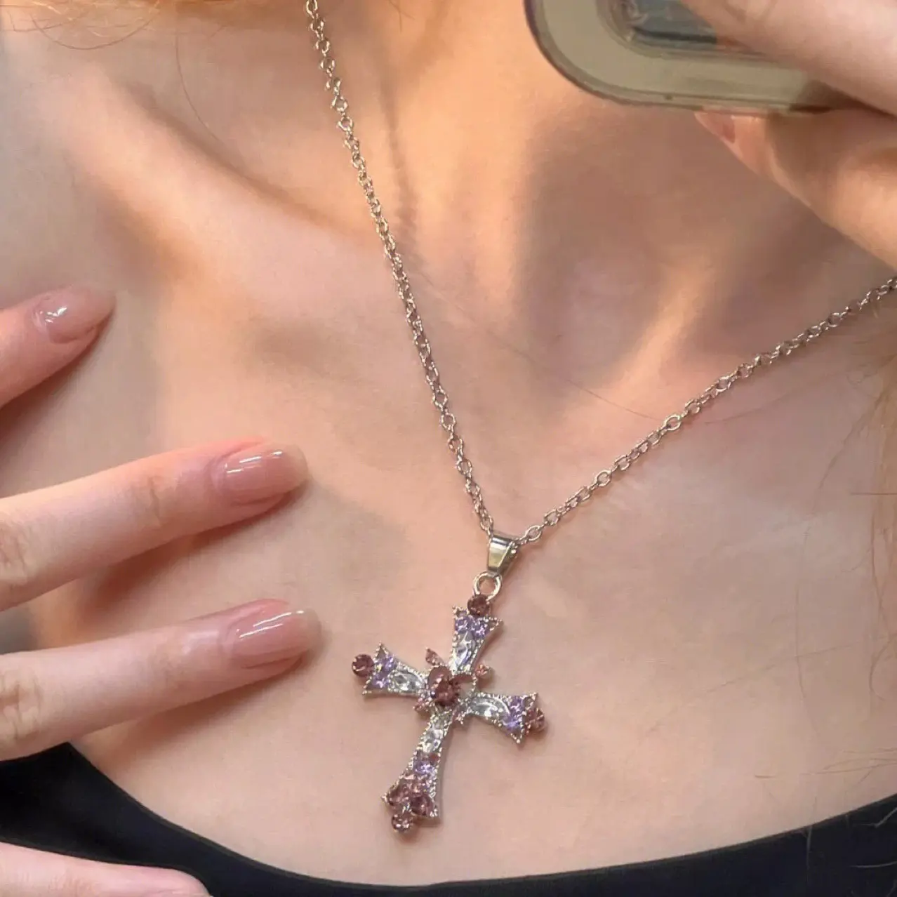 Y2K Gothic Cross Necklace 2024 - Edgy Sweet Girl Jewelry with Cubic Zirconia Accents, Chunky Curb Chain Collarbone Necklace for Women, TikTok Viral Rave Party Jewelry/Alternative Aesthetic Daily Stacking Gift for Girlfriend/BFF