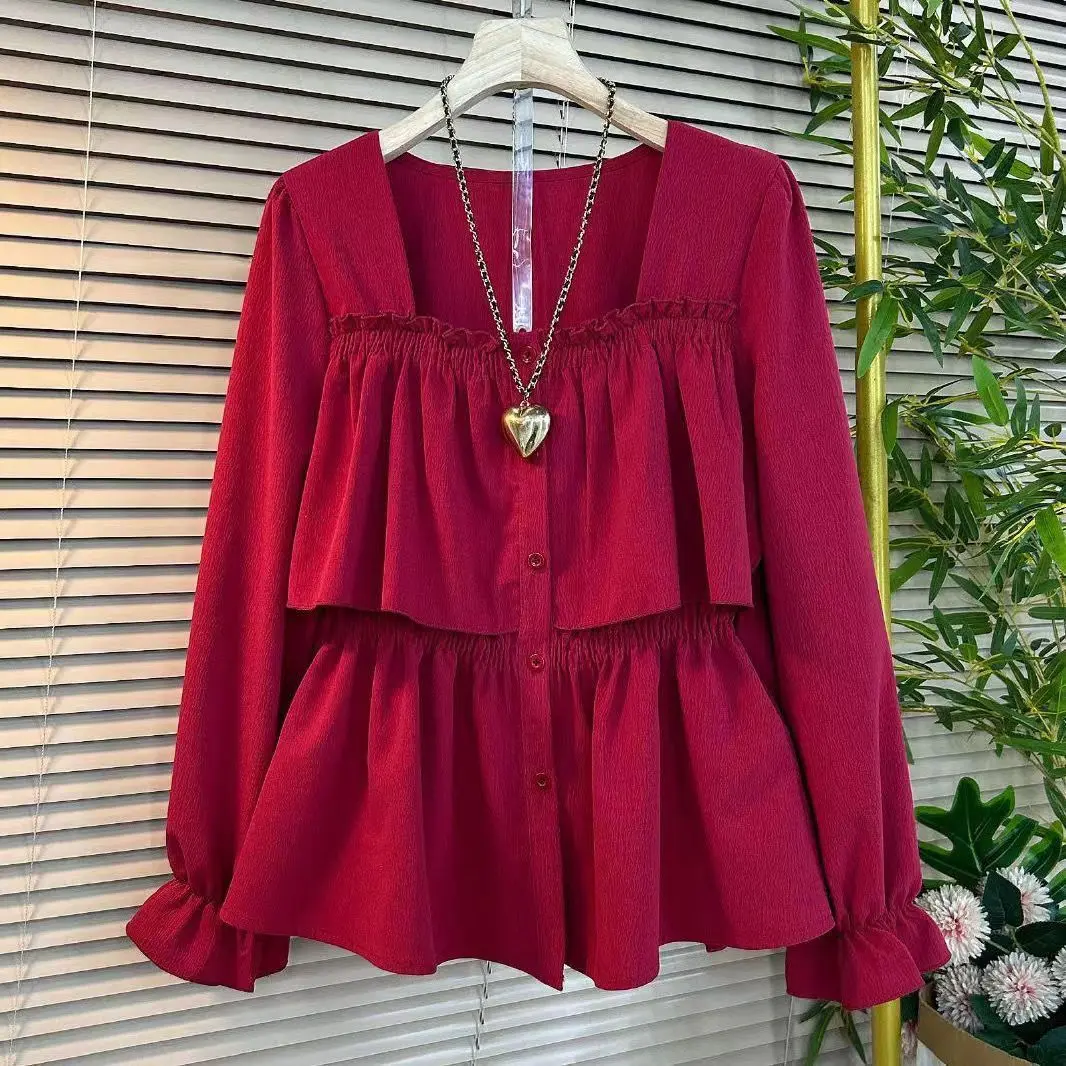 2024 Spring New plus Size Women's Clothing Fashionable Slim Flab Hiding Square-Neck Cinched Temperament Long Sleeve Women's Small Shirt