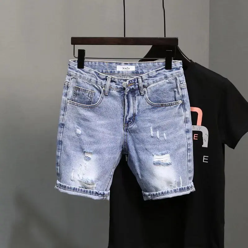 Seluar Pendek Denim, Fesyen Musim Panas, Untuk Lelaki, Nipis, Gaya Korea, Seluar Potongan Koyak, Anjal, Bergaya, Seluar Tengah Lelaki