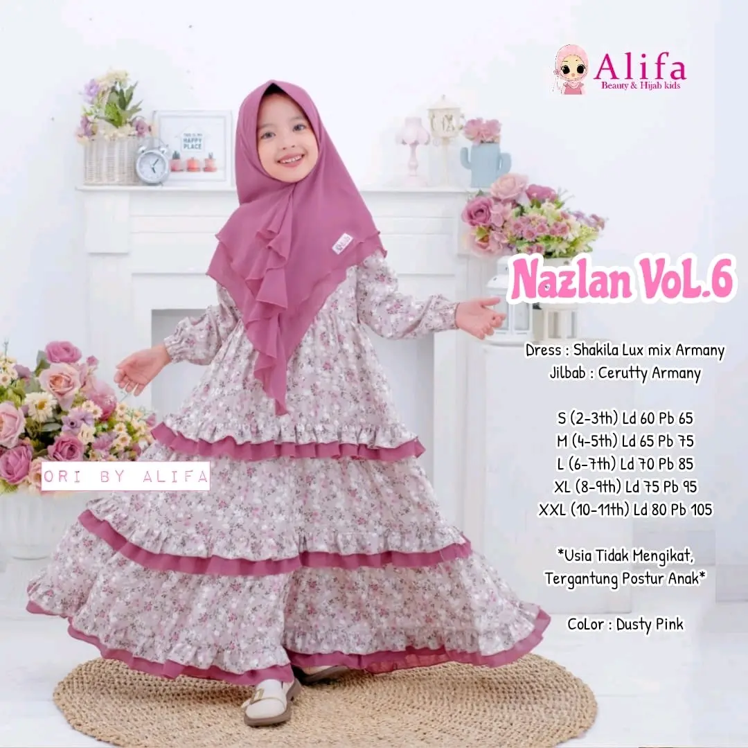 Gamis Anak Perempuan New Nazlan 6 Alifa Kid Dress Muslim Baju Motif Nyaman