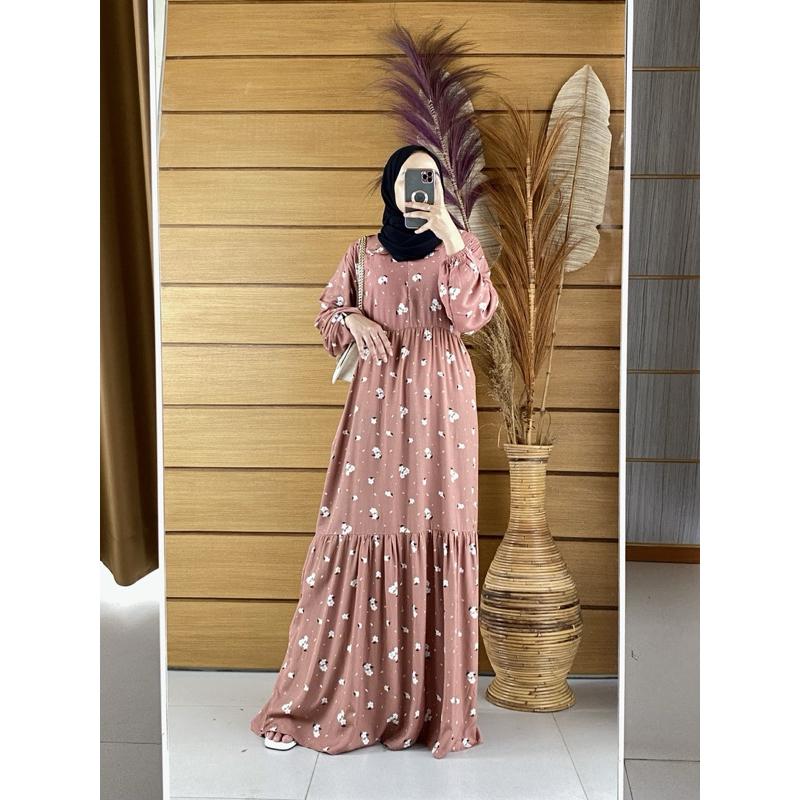 Gamis rayon motif cantik Dress rayon motif bunga Gamis rayon kekinian Dress busui kekinian Gamis rayon busui 1