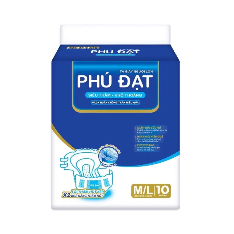 ComBo 5 bịch /50 miếng - Tã Bỉm Dán Người Già PHÚ ĐẠT sz:M/L Vòng eo : 68-122cm .Có vách ngăn chống tràn Kép , rãnh thấm hút kim cương  . 0