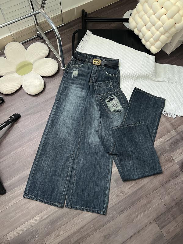 Quần jean suông nữ (QCCC) rách túi trước + túi kiểu sau dài 104-105cm