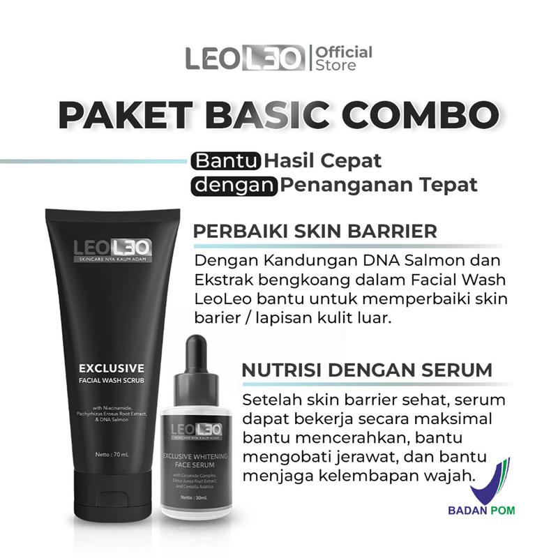 LEOLEO Paket Basic Combo Exclusive Facial Wash Scrub Whith DNA Salmon & Exclusive Whitening Face Serum 2