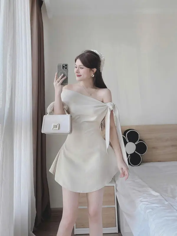 D673 ĐẦM THIẾT KẾ BIGSIZE LỆCH VAI CỘT NƠ DÁNG NGẮN (TÁO ĐỎ BIGSIZE 55-90KG) 5