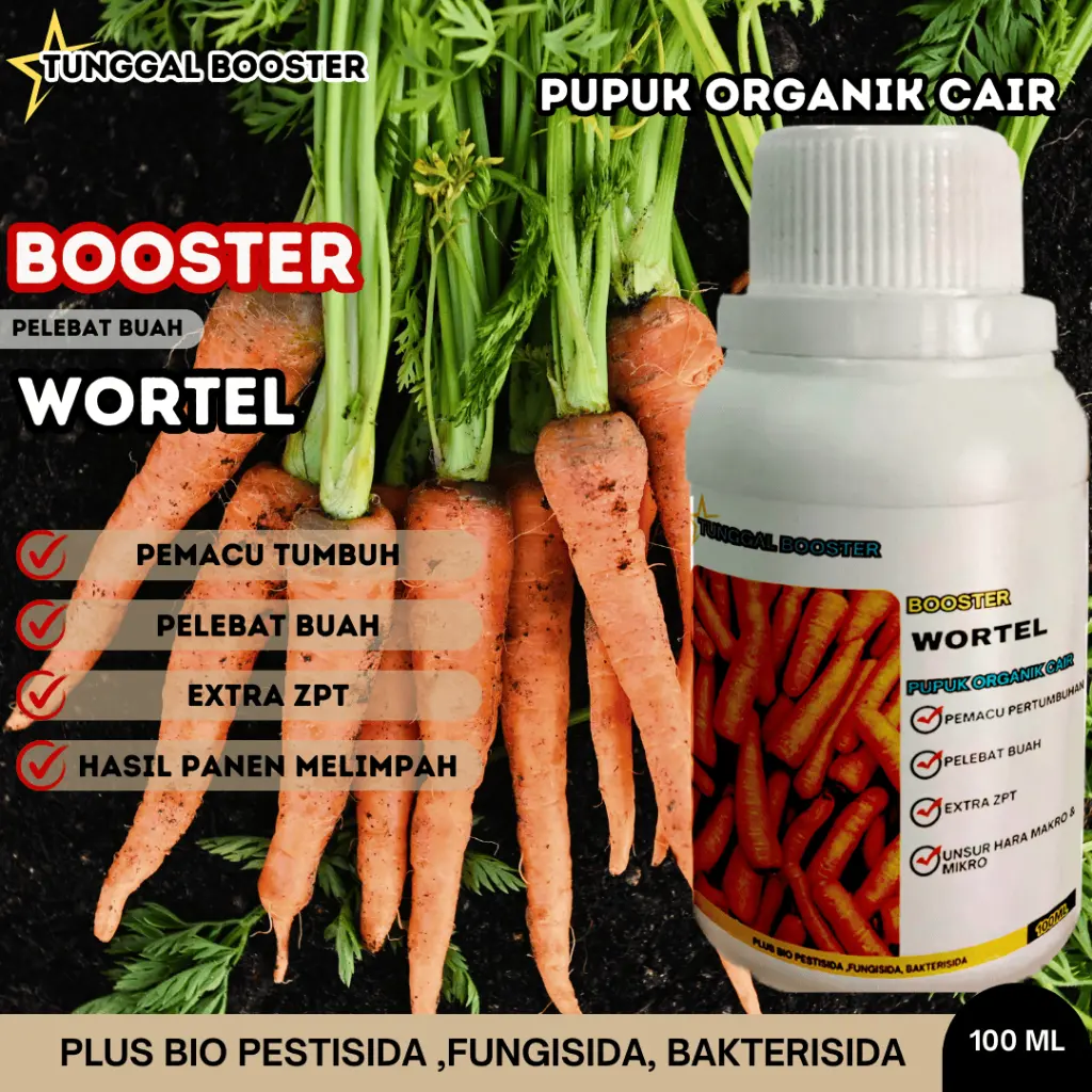 PUPUK BOOSTER CAIR TANAMAN WORTEL, PUPUK PELEBAT BUAH WORTEL, PUPUK PERANGSANG MASA PEMBUAHAN