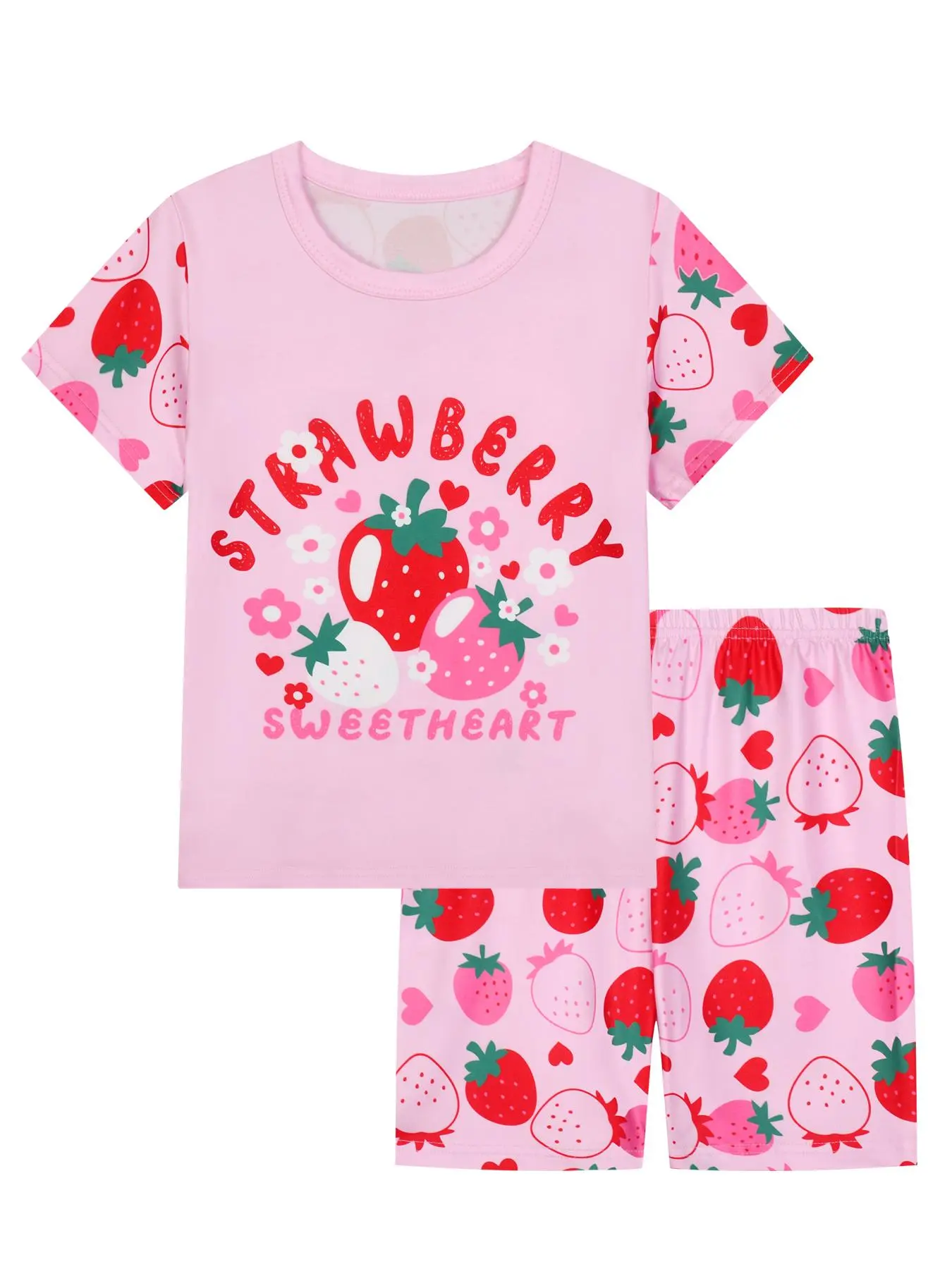 Girl's Cartoon Strawberry Print Tee & Short Pyjama Set, Casual Comfy Round Neck Short Sleeve T-shirt & Shorts Pj Set, Kids Sleepwear for Summer, Pajamas