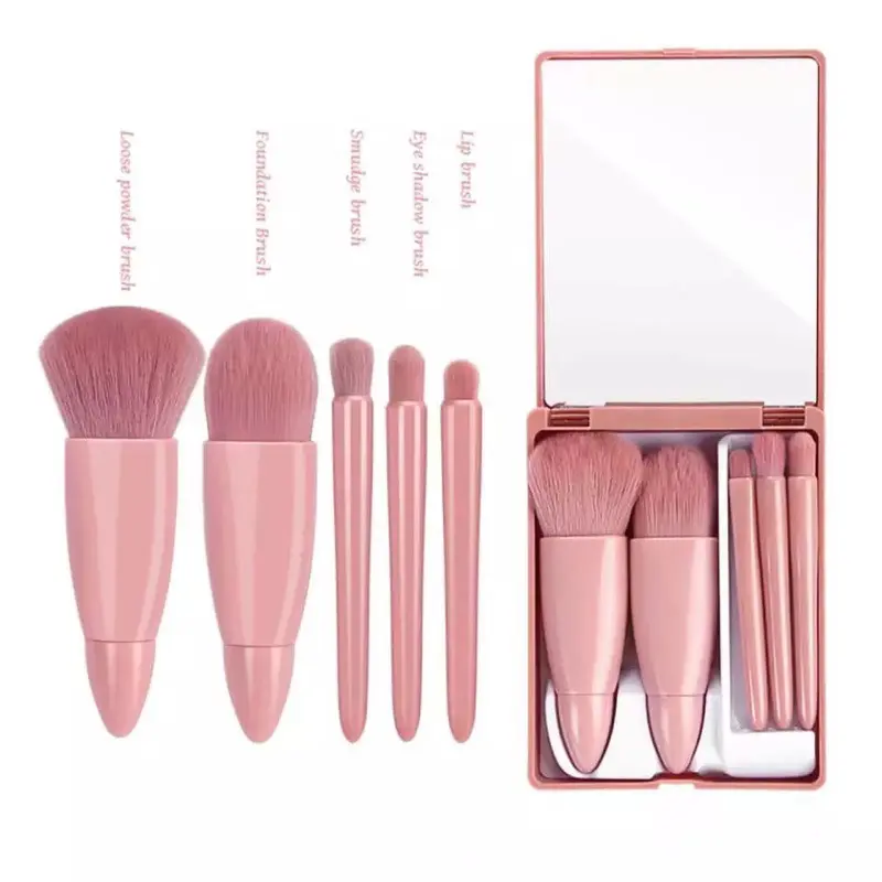 Kuas Make Up Brush isi 5 in 1 Set Box Cermin Kuas Powder Foundation Beauty Tools mini portable travel set 1
