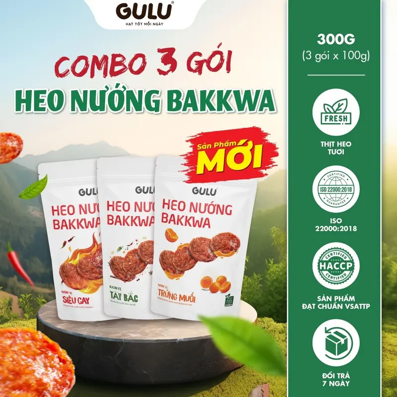 [Combo 3 Gói 300g] Thịt Heo Nướng Bakkwa GULU FOODS - Snack Ăn Vặt 1