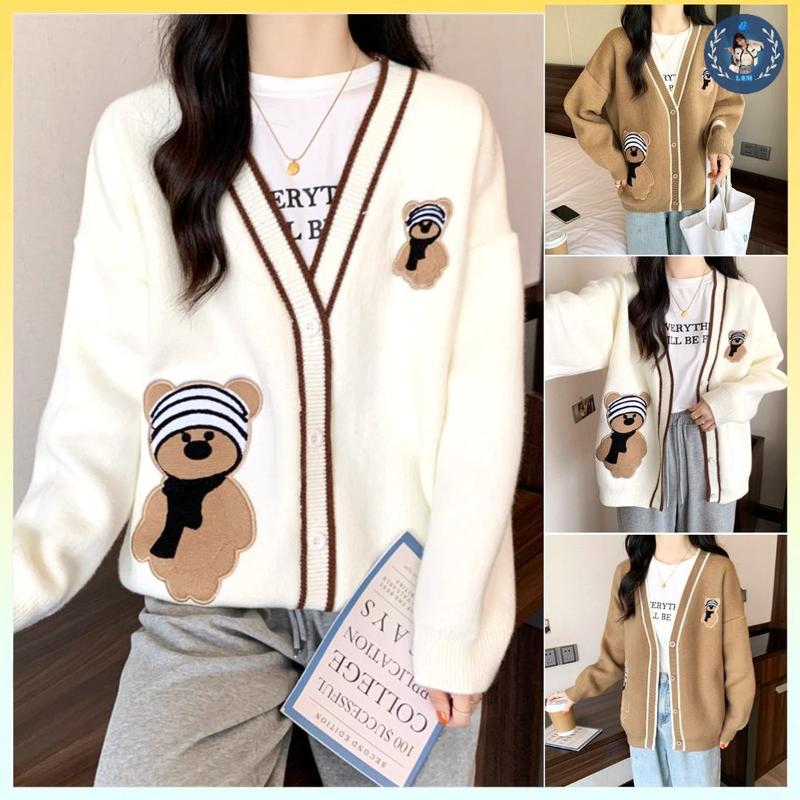 [A079] Áo khoác ngoài cardigan len nữ THU ĐÔNG THÊU CON GẤU ĐEO KHĂN hàng dệt kim vải dày cực xịn - L2M (Top Áo tingoan sweater Nhung Women ) 【 hoa hồng  