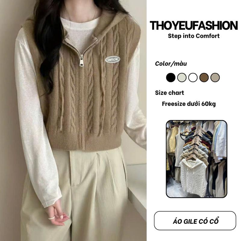 Áo Gile Len Nữ Dáng Ngắn Có Mũ Có Khoá Kéo phong cách Hàn Quốc M6313