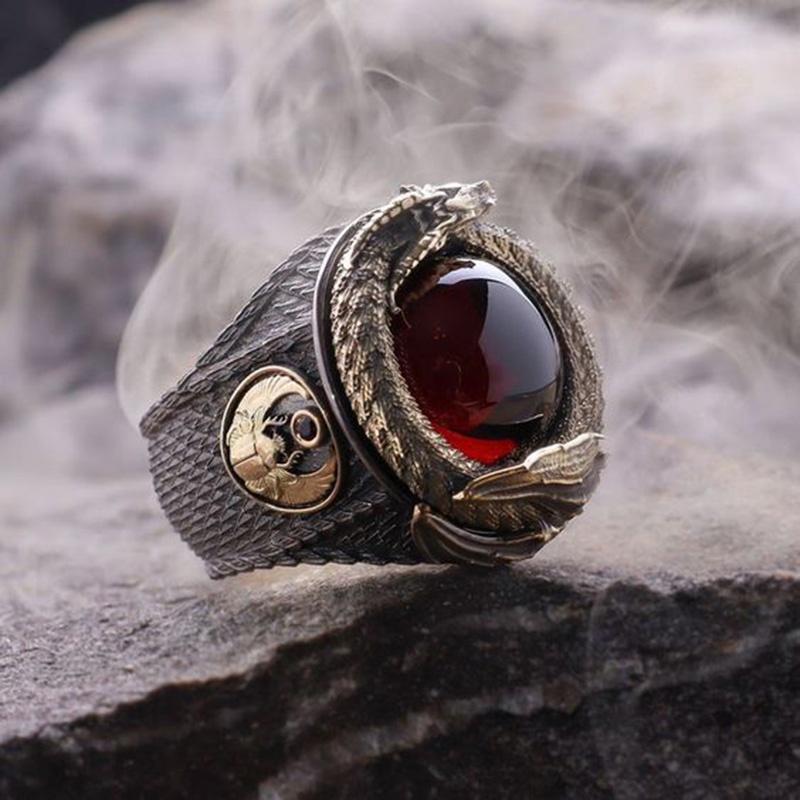 Dargon and Phoenix vintage black gold men's ring Engraved gold and red garnet ring Anniversary gift Wedding 0
