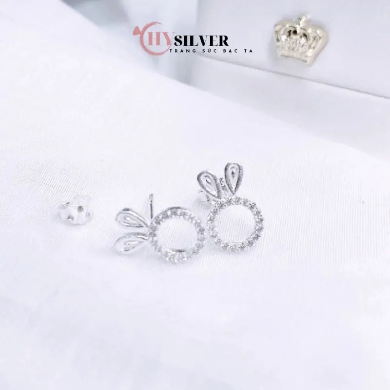 Bông tai bạc nữ CHY SILVER hình thỏ tròn đính đá bạc thật