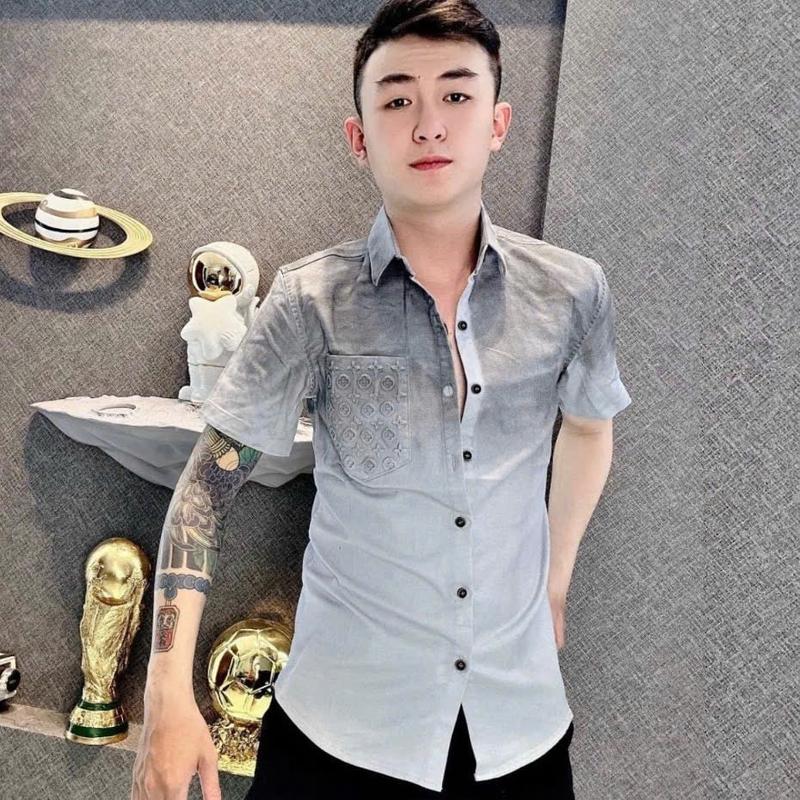 Áo sơ mi nam mẫu ngắn tay dập túi nổi loang màu xám trẻ trung thanh lịch