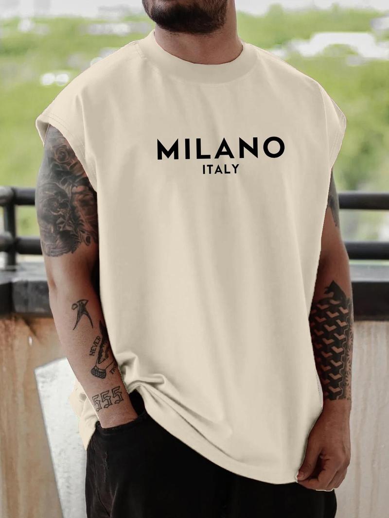 Product Introduction of Men's Letter Print Round Neck Tank Top, Loose Casual Street Sleeveless Top for Daily Wear, Menswear for All Seasons 1