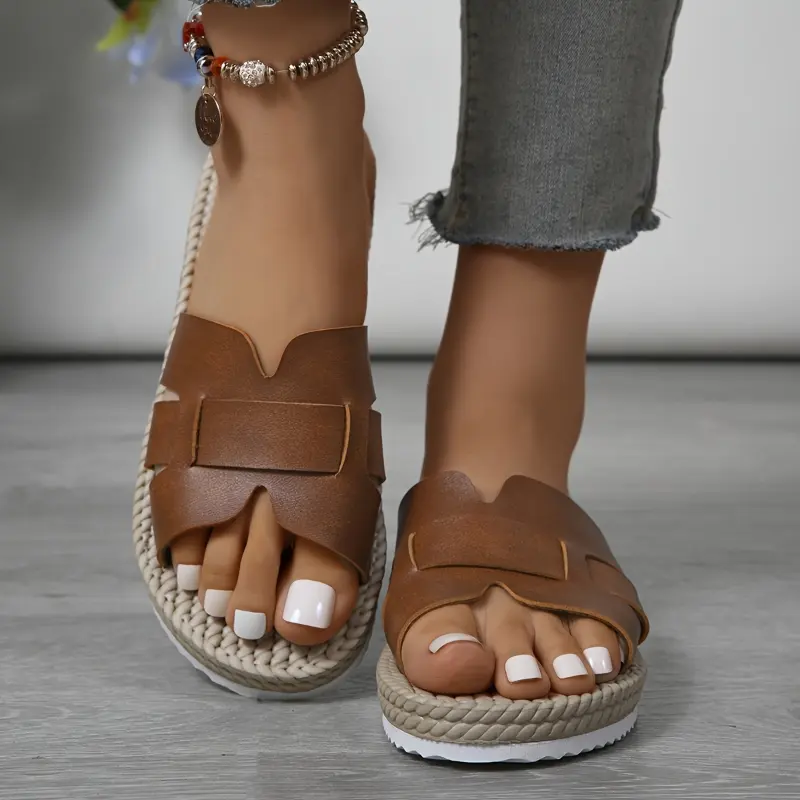 2025 New Women's Summer Slip-On Flat Sandals - Handmade Faux Cover Upper, Ultra-Soft EVA Cushioned Insole & Non-Slip Sole for Casual Outdoor Home Wear - Brown, Braided Shoe Design 2
