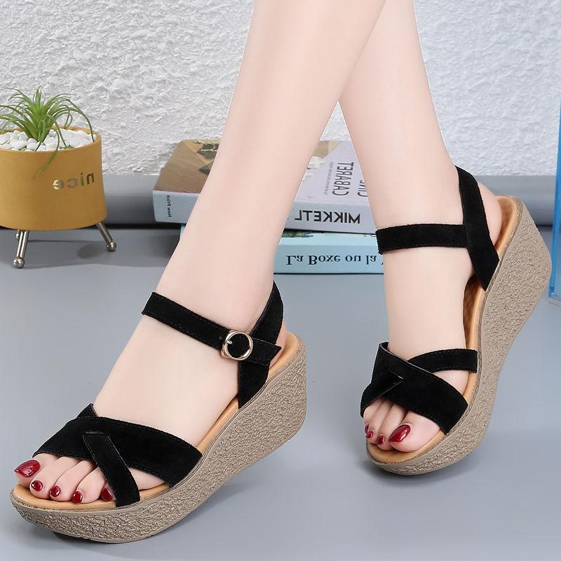 Xăng Đan Đế Xuồng Cho Nữ, Giày Đế Bằng Đa Năng Thoải Mái Mới, Da Thật, Thường Ngày, Gót Khối, Xăng Đan Gót Giữa, Mùa Hè 3
