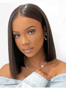 Bob Wig Human Hair Natural Color Straight Lace Front Wigs, Pre Plucked with Baby Hair Design, Transparent Lace Frontal Wigs for Black Women