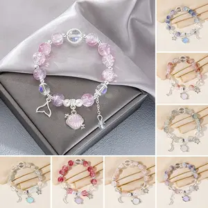 Gelang Kaca Kristal Fritilary Gelang Tali Elastis Manik Kaca Mikro Rumbai Bulan Bintang Bracelet