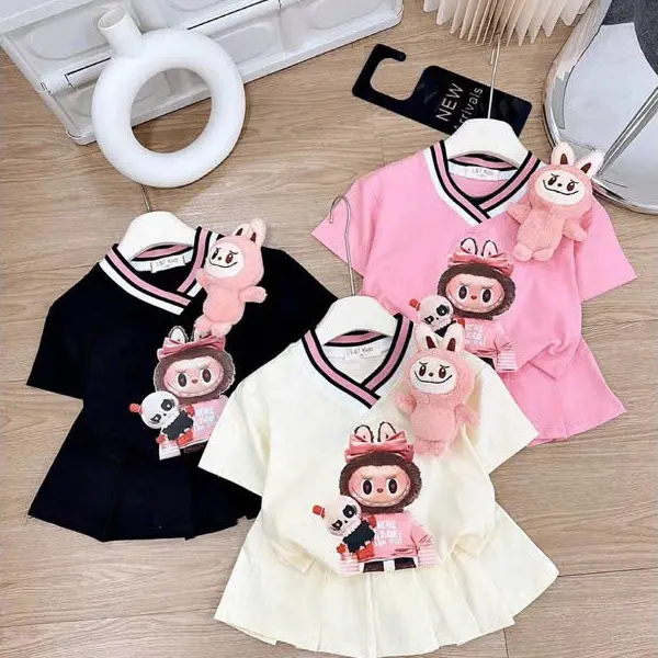Set váy cổ tim in hình labubu cho bé gái (không kèm gấu)  từ 12-45kg, chất vải mềm mịn ,thoáng mát, hàng may kĩ.