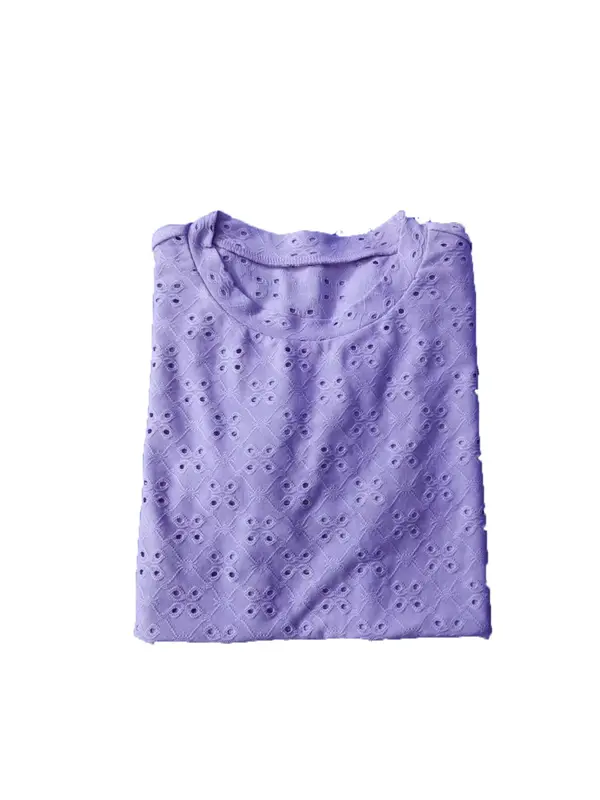 Women's Plain Eyelet Embroidery Tee, Casual Short Sleeve Round Neck T-shirt for Daily Wear, Ladies Clothes for All Seasons 7