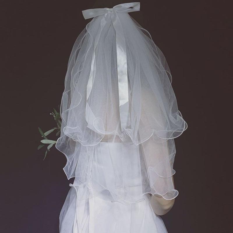 Elegant Wedding Accessories Short Simple Lace Edge Two Layer With Comb Bridal Veil Wedding Veil Women's Tulle 4