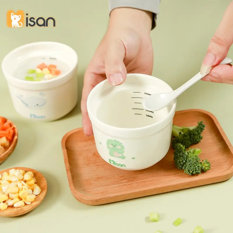 Bát ăn dặm cho bé chia vạch 250ml kèm 2 nắp đậy sứ và silicon chịu nhiệt, hũ sứ ăn dặm Hàn Quốc MISAN Luvamo Kem Voi 2