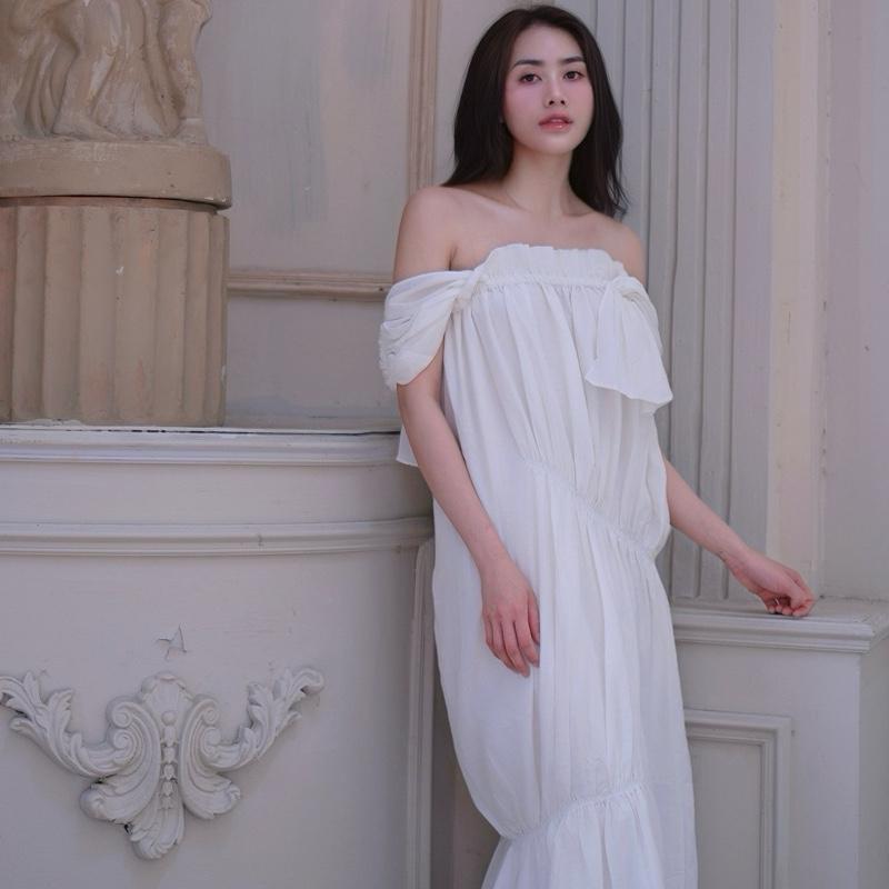 Váy trễ vai vải đũi du lịch biển 0
