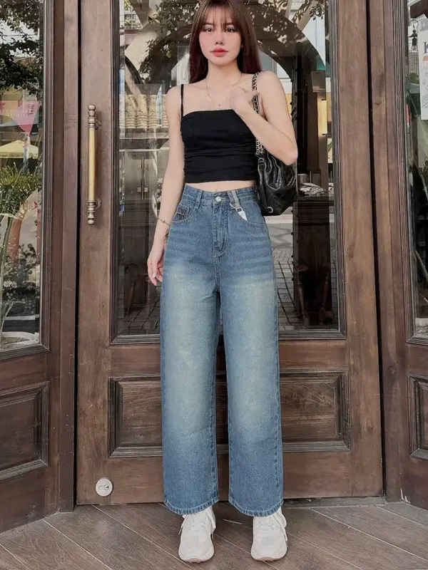 (Suông nấm lùn-95cm) Quần jeans suông nấm lùn thêu minmin, tông màu xanh nhạt bụi, chất jean sotton không giản 208 Nữ Women Pants 2