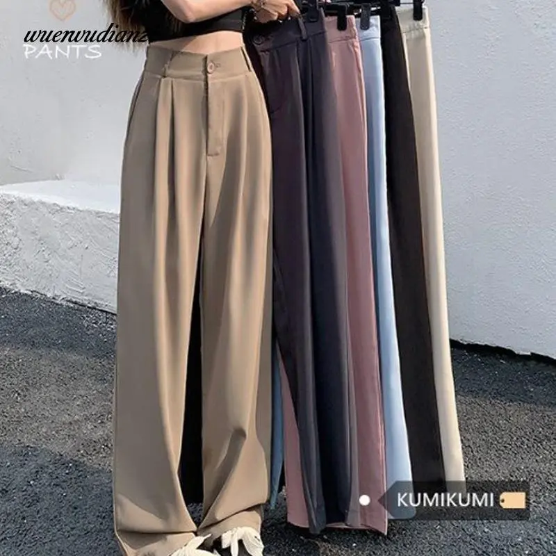 Black Suit Pants Elastic Waist Slimming Casual Pants Women Summer Pants Loose Wide Leg Pants Ladies High Waist Draped Long Pants Trendy