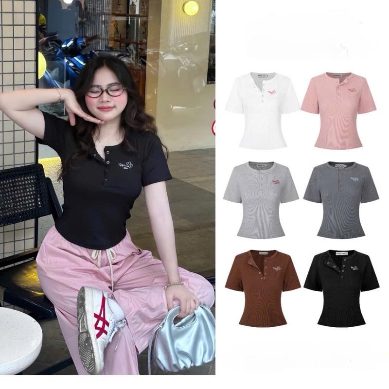 Áo thun form ôm Bigsize 45-85kg (568) chất liệu thun tăm lạnh cổ tròn có gài nút bấm nhún eo 2 bên in chữ đơn giản