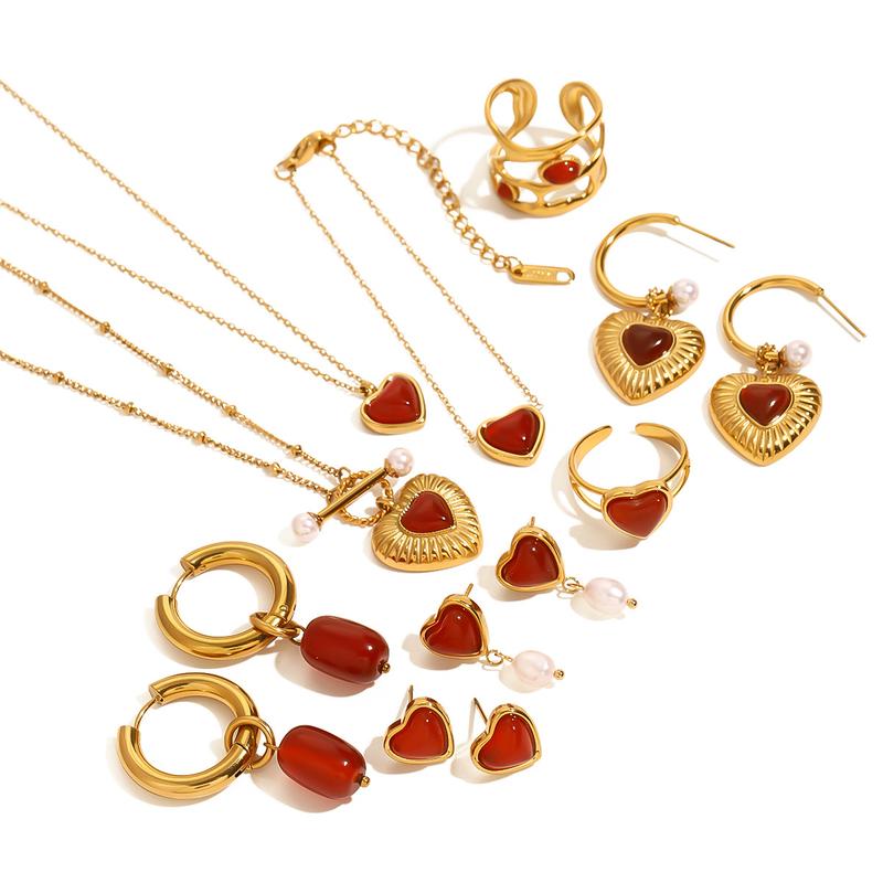 Vòng Cổ Trái Tim, Chất Liệu Thép Không Gỉ 18K, Mặt Dây Chuyền Và Hoa Tai Agate Đỏ, Phong Cách Độc Đáo Nhẫn, Cao Cấp 4