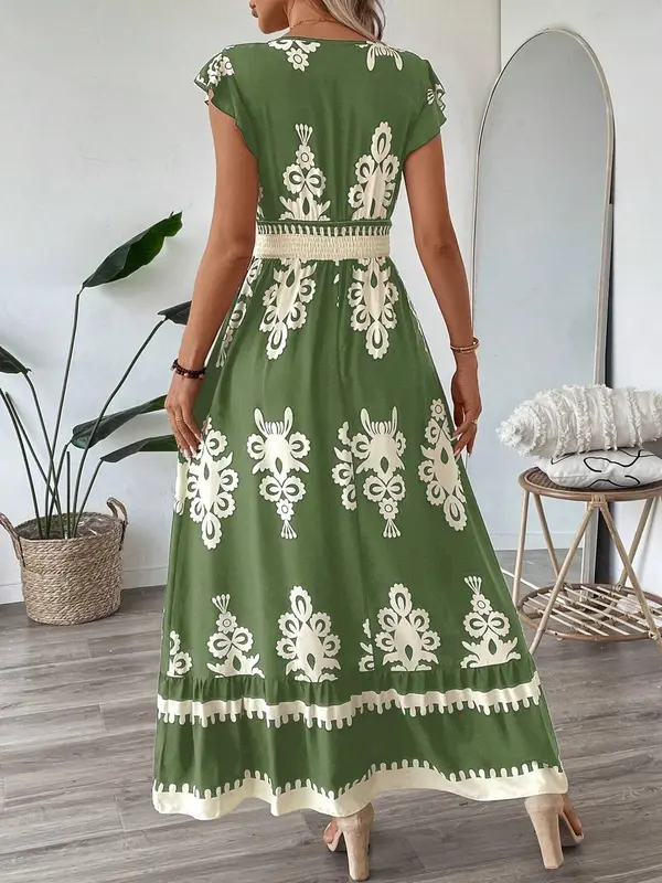 Women's All Over Print Ruffle Hem A Line Dress, Boho Fashion V Neck Cap Sleeve Long Dress for Beach Holiday Vacation, Summer Dress, Ladies Dress for Summer, Bohemian Womenswear, Vneck 7