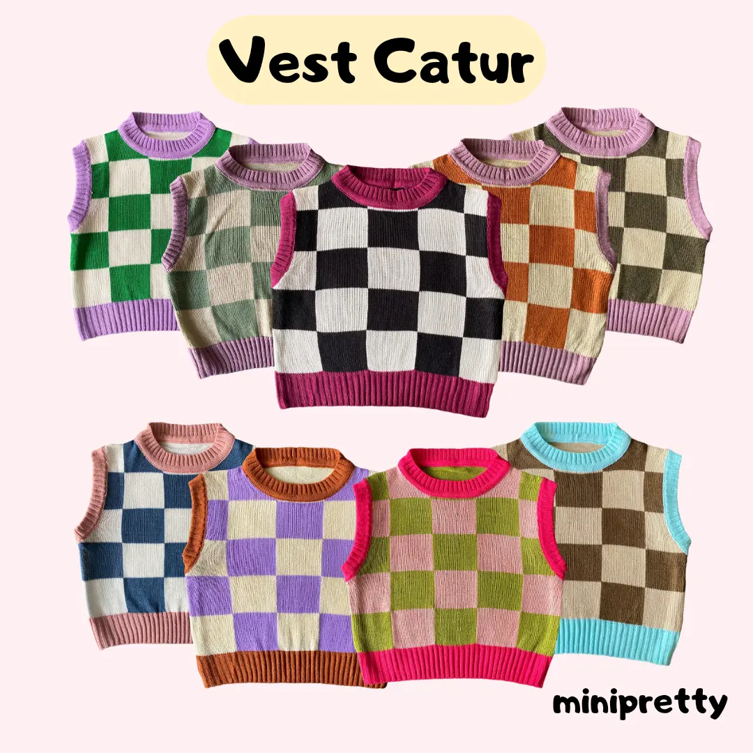 Vest Knit Kotak / Rompi Rajut Crop Motif Catur