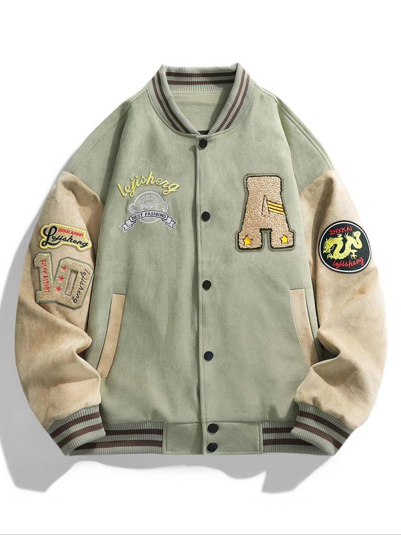 Product Introduction of Men's Letter Embroidery Pocket Baseball Jacket, Casual Drop Shoulder Long Sleeve Button Front Outerwear for Fall & Winter, Men's Clothes for Daily Wear 3