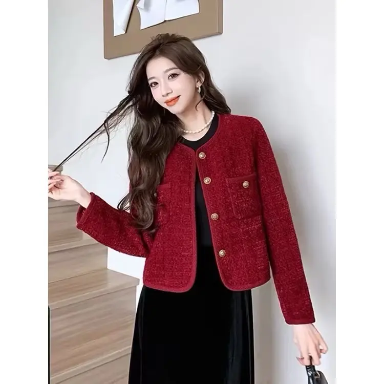 ￼Áo khoác dạ nhung cổ tròn 4 màu,áo khoác dạ ngắn trẻ trung,sành điệu Nữ Women Top Kem
