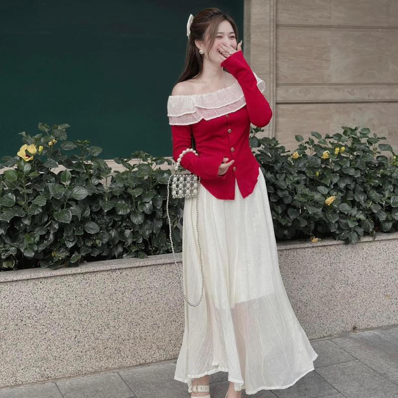 Set áo len tăm trễ vai có bèo 2 tầng kết hợp chân váy tơ đũi lót trong dễ thương Kem Tre