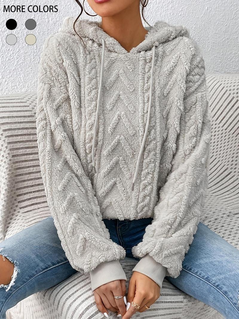 Product Introduction of Women's Plain Textured Drawstring Plush Hoodie, Fashion Casual Drop Shoulder Long Sleeve Hooded Sweatshirt for Daily Outdoor Wear, Yoga Hoodie, Women Clothing for Fall & Winter 1