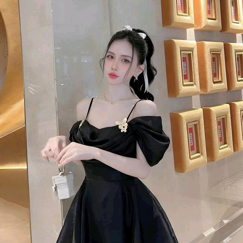 Đầm nữ 2 dây bệt vai tơ ánh kim kèm phụ kiện đi tiệc siêu xinh Women Dress 1