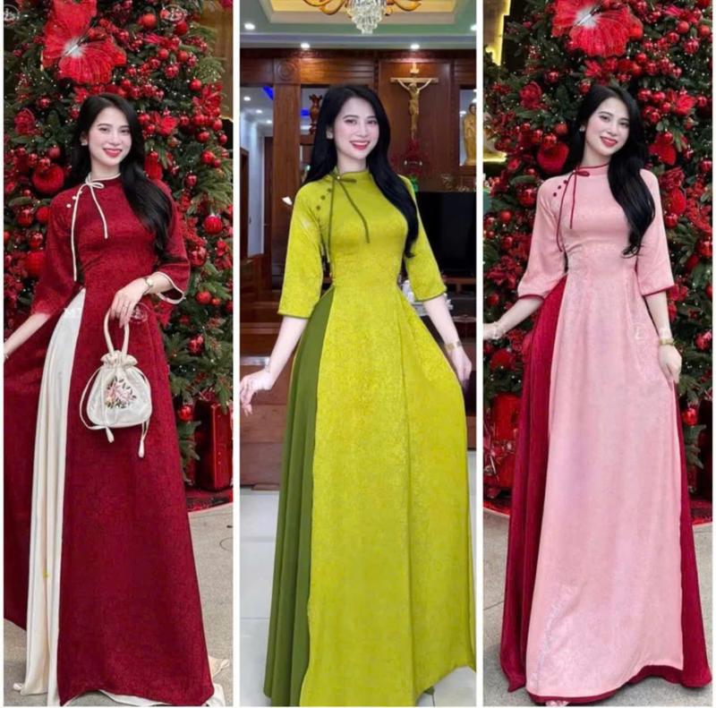 Áo Dài Gấm Cao Cấp Tơ Cổ Lệch Phối Nơ và Cúc Trẻ Trung Dáng Ôm Truyền Thống - ÁO DÀI MỘC AN  -Nữ Women