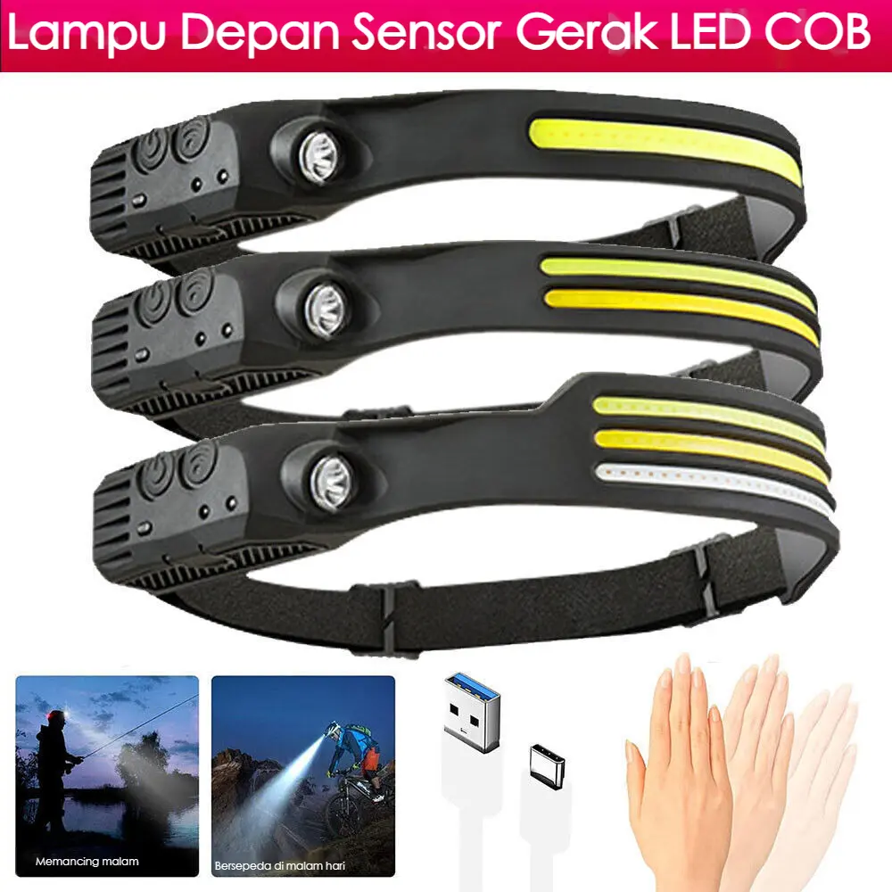 Lampu depan COB di luar malam berjalan Sensing Lampu depan tahan air USB dapat dimuatkan kembali Tipe-C Lampu Kepala Memuatkan Putih Kuning