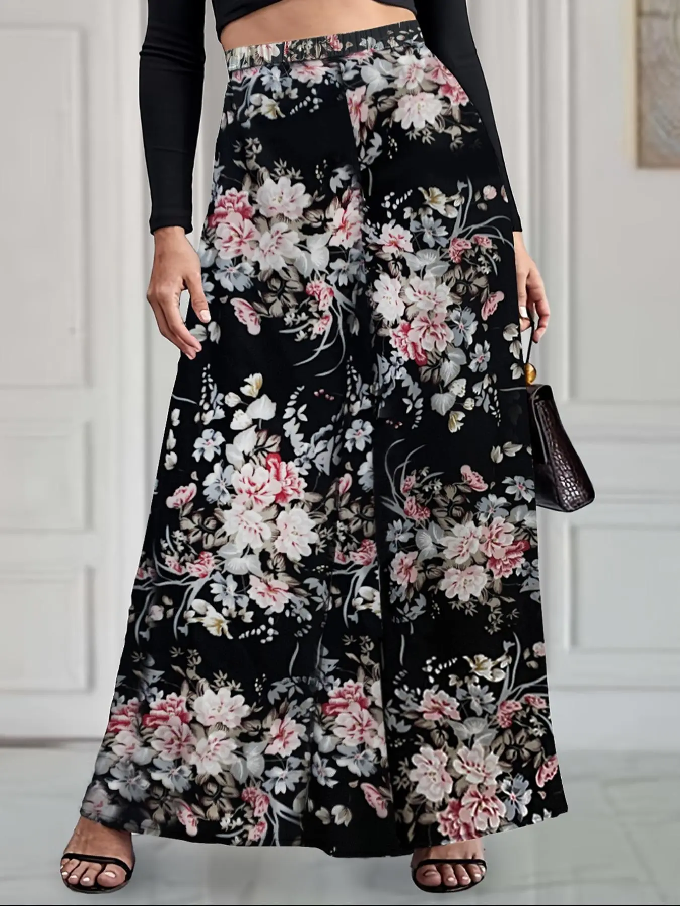 Plus Size Floral Print High Waist Wide Leg Pants, Boho Casual High Rise Trousers for Daily Outdoor Wear, Women's Bottoms for Spring & Fall