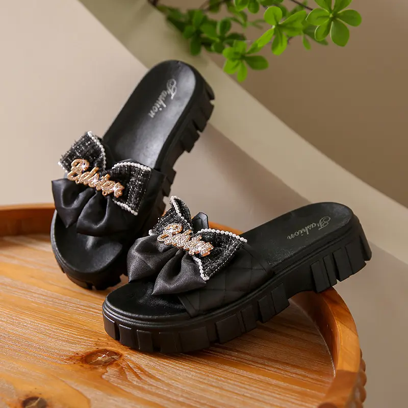 2025 New Bow Slippers Women'S Summer Outdoor Fashion Casual Fashionable Thick Bottom Non-Slip Beach Slippers