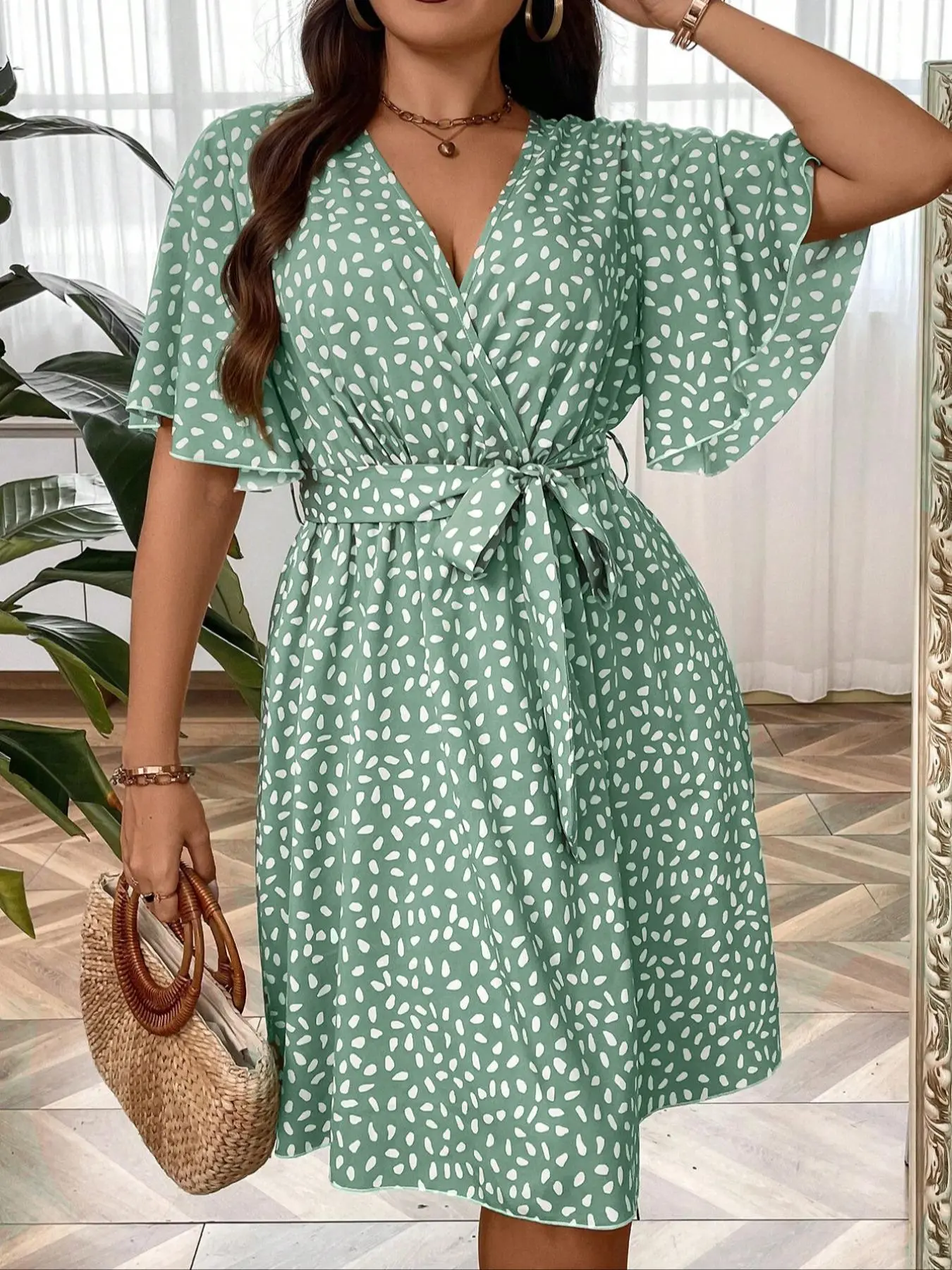 【Plus Size】 Plus All Over Print Belted Wrap Butterfly Sleeve Dress, Summer Dresses 2024, Casual Deep V Neck Half Sleeve A Line Dress, Dresses for Women, Plus Size Women's Clothing for Vacation, Sundress