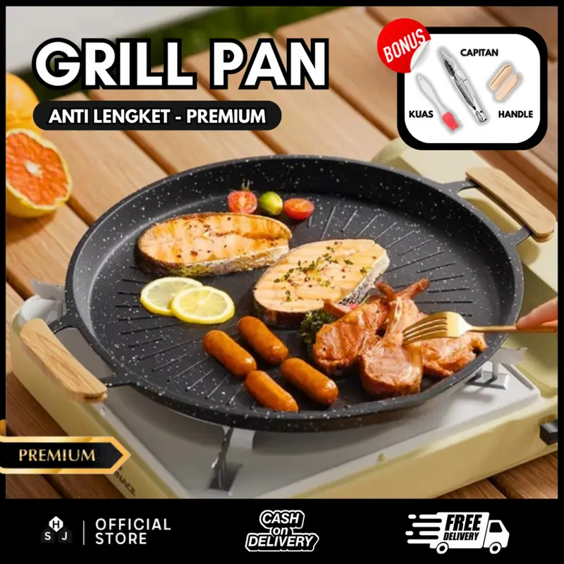 Grill Pan Premium BBQ Korean Wajan Panggangan Anti Lengket Serbaguna Alat Baja Teflon Kitchenware Bonus Set Capitan 0